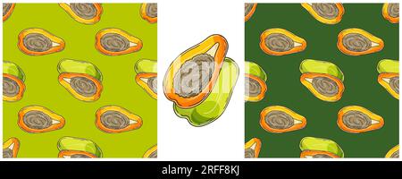 Modello senza cuciture per la cucina, il ristorante o il negozio. Papaia, melone. Colore impostato in stile disegno a mano Illustrazione Vettoriale