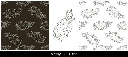 Dragon Fruit, pitaya. Modello senza cuciture con frutta tropicale. Set monocromatico con disegno a mano. Può essere utilizzato per i tessuti Illustrazione Vettoriale