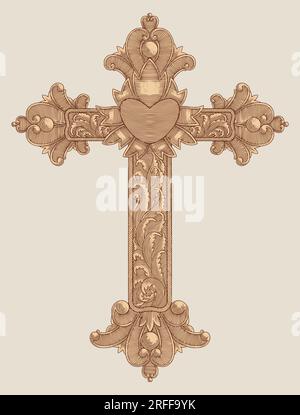 Croce cristiana in legno dorato con cuore e ornamentale floreale. Pasqua, simbolo del cristianesimo,. disegno a mano illustrazione stile incisione vintage Illustrazione Vettoriale