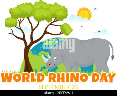 Illustrazione vettoriale della giornata Mondiale del Rhino il 22 settembre per amanti e difensori di Rhinos o protezione degli animali in modelli disegnati a mano con cartone animato piatto Illustrazione Vettoriale