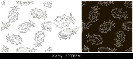 Dragon Fruit, pitaya. Modello senza cuciture con frutta tropicale. Con stile disegnato a mano. Imballaggio monocromatico, carta da imballaggio e così via Illustrazione Vettoriale