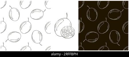 Modello senza cuciture con frutta tropicale. Tamarillo. Con stile disegnato a mano. Confezione monocromatica, involucro e così via Illustrazione Vettoriale