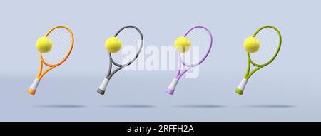 Racchetta da tennis vettoriale 3d con set di palle in diversi colori illustrazione, stile di rendering digitale Illustrazione Vettoriale