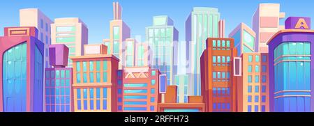 Centro città moderno con grattacieli sullo sfondo blu del cielo. Illustrazione vettoriale del paesaggio urbano, futuristici grattacieli e edifici per uffici, quartiere residenziale Illustrazione Vettoriale