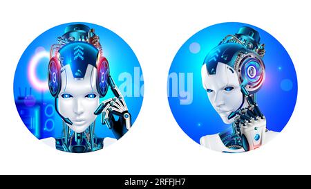 Robot avatar donna gpt chatbot. Icona rotonda del volto dell'IA in cyborg femminile umanoide. Logo di chat bot del supporto tecnico online. cuffia con m Illustrazione Vettoriale