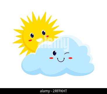 Nuvola e sole sorridente previsioni meteo personaggi cartoni animati personaggi per bambini. Clima vettoriale allegro e soleggiato con nuvole sul cielo, clima estivo gioioso Illustrazione Vettoriale