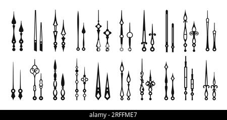 Lancette dell'orologio, puntatori neri del tempo, frecce isolate dell'orologio. Icone vettoriali nere dei componenti essenziali degli orologi analogici in varie forme e dimensioni. Ora Illustrazione Vettoriale