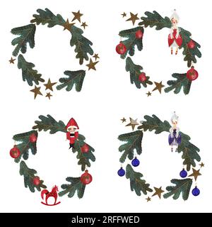 Set di corone di natale ad acquerello con albero di natale decorato, bambola, stelle e schiaccianoci. Biglietto di Natale. Giocattolo per bambini. Un regalo di Natale. Raste Foto Stock