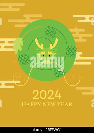 Carta di Capodanno 2024 drago cinese a spirale. Modello di biglietto di auguri per il nuovo anno lunare con nuvole in stile tradizionale cinese o giapponese. Illustrazione Vettoriale