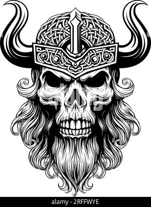 Viking Warrior Skull Man Mascot Face in casco Illustrazione Vettoriale