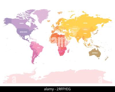 Mappa del mondo. Mappa politica del mondo in bianco e dettagliata. Mappa colorata su sfondo bianco. Illustrazione Vettoriale