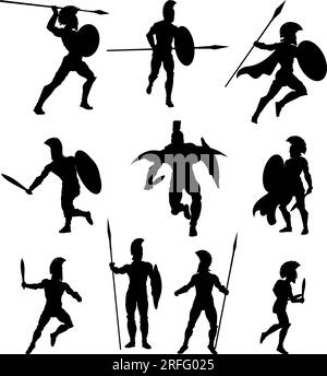 Spartan Silhouette Gladiator Trojan Warrior Set Illustrazione Vettoriale