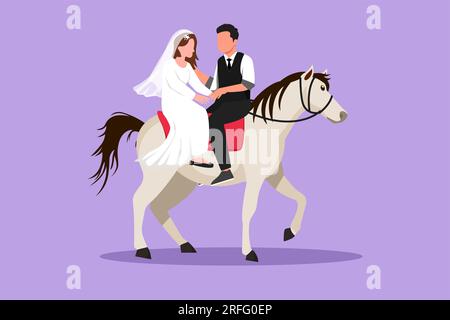 Cartone animato disegno in stile piatto romantico coppia sposata innamorata equitazione. Felice bell'uomo e bella donna che si preparano per il matrimonio. Impegno e. Foto Stock