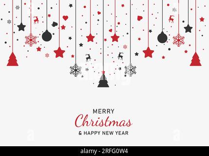 Buon Natale e felice anno nuovo. Sfondo natalizio con giocattoli di natale appesi. Biglietto d'auguri, banner festivi, poster Web. Vettore Illustrazione Vettoriale