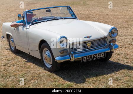 Uomo che guida un'auto cabriolet Austin Healey Sprite del 1964 in mostra al Roads to Rail Steam Rally di Norden, Dorset UK, a giugno Foto Stock