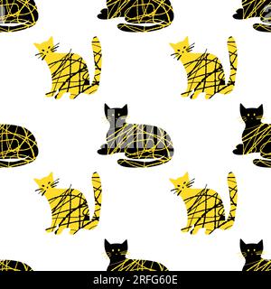 Motivo senza cuciture con graziosa illustrazione gatto testurizzata di colore nero e giallo su sfondo bianco Illustrazione Vettoriale