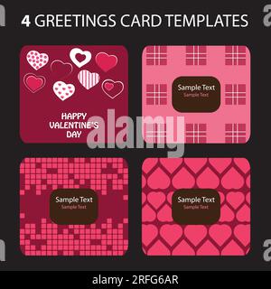 Set di quattro schede rosa e rosse per San Valentino in formato vettoriale modificabile Illustrazione Vettoriale