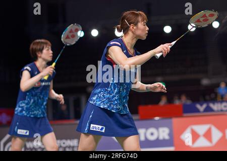 Sydney, Australia. 3 agosto 2023. Sayaka Hirota e Yuki Fukushima del Giappone in azione durante la partita di doppio femminile il giorno 3 del GRUPPO SATHIO Australian Badminton Open 2023 tra Germania e Giappone al Quaycenter il 3 agosto 2023 a Sydney, Australia Credit: IOIO IMAGES/Alamy Live News Foto Stock