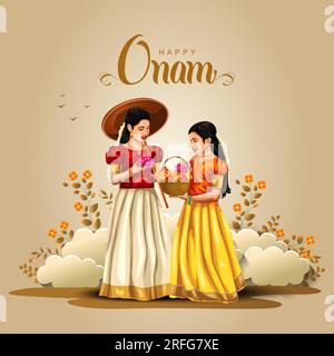 kerala fesival happy onam saluta l'illustrazione astratta del vettore. famiglia malayali che fa il pookalam Illustrazione Vettoriale