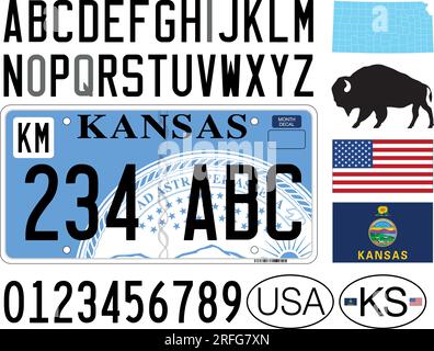 Modello di targa per auto dello stato del Kansas, lettere, numeri e simboli, illustrazione vettoriale, Stati Uniti Illustrazione Vettoriale