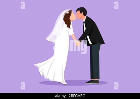 Design piatto grafico che disegna una coppia romantica con labbra chiuse in bacio. Gli amanti dell'uomo felice e delle belle donne si baciano e si tengono per mano Foto Stock