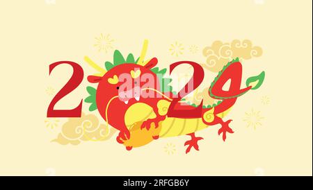 Anno del drago 2024 vettore di biglietti di auguri. Drago cinese volante con lingotto di sycee d'oro, nuvole di buon auspicio orientali sullo sfondo. Illustrazione Vettoriale
