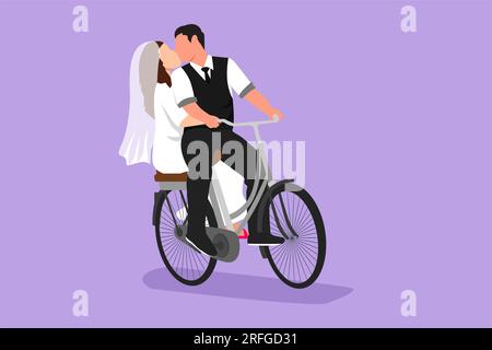 Cartone animato in stile piatto disegnando amanti della coppia sposata in bicicletta. Romantiche relazioni umane, storia d'amore, famiglia sposata in viaggio di nozze, pass Foto Stock