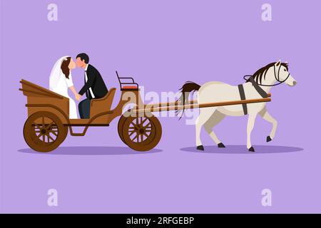 Personaggio piatto disegnare una coppia di nozze carina che cerca di baciarsi a vicenda. Solo uomo sposato e bella donna. Felicità sposa e sposo seduti in carrozza pu Foto Stock