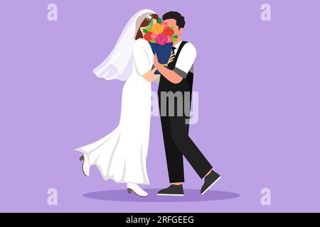 Disegno grafico piatto di una graziosa coppia sposata che si abbraccia e si bacia dietro un bouquet di fiori. Felice bell'uomo e bella donna che festeggia lo strano Foto Stock