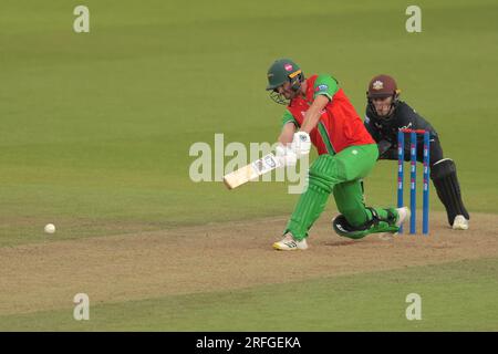 Londra, Regno Unito. 3 agosto 2023. Peter Handscomb del Leicestershire mentre Surrey affronta il Leicestershire nella Metro Bank One-Day Cup al Kia Oval. Credito: David Rowe/Alamy Live News Foto Stock