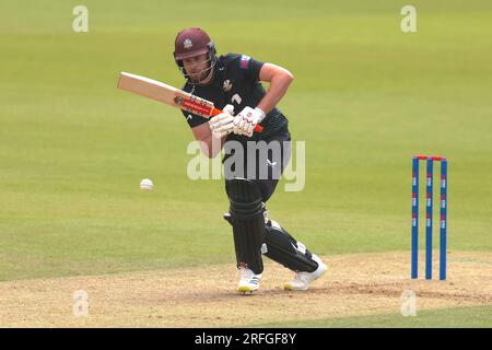 Londra, Regno Unito. 3 agosto 2023. Surrey's Dom Sibley in battuta mentre Surrey affronta il Leicestershire nella Metro Bank One-Day Cup al Kia Oval. Credito: David Rowe/Alamy Live News Foto Stock