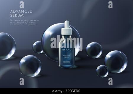 Annuncio di prodotto cosmetico con molecole circolari trasparenti, concetto di idratazione. Illustrazione Vettoriale