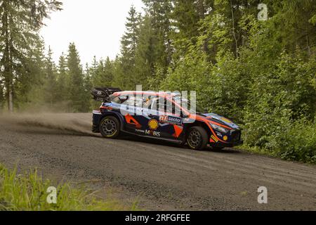 Teemu Suninen (fin) Markkula Mikko (fin) della Hyundai Shell Mobis World Rally Team, Hyundaii20 N Rally1 Hybrid, durante il WRC Rally Finlandia, Shakedown in Rannankyla, 2023, 03 agosto 2023 Jyvaskyla, Finlandia Foto Stock