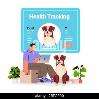 guy proprietario che utilizza l'app pet su laptop carini cani migliori amici animali domestici di monitoraggio della salute concetto di applicazione illustrazione vettoriale Illustrazione Vettoriale