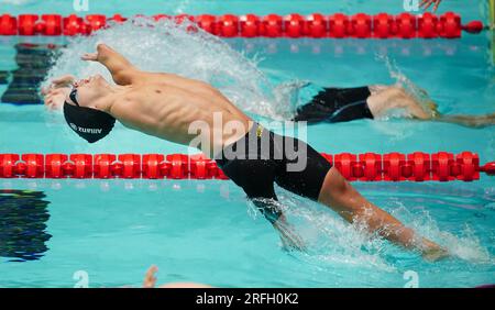 Matz Topkin estone nella finale maschile di S4 50m Backstroke durante il quarto giorno dei Campionati mondiali di nuoto Para 2023 al Manchester Aquatics Centre di Manchester. Data foto: Giovedì 3 agosto 2023. Foto Stock