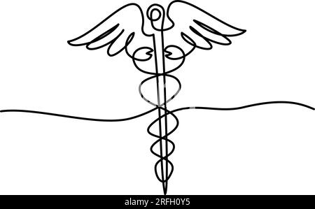 Simbolo medico caduceo. Disegno continuo di una linea su sfondo bianco. Illustrazione vettoriale Illustrazione Vettoriale