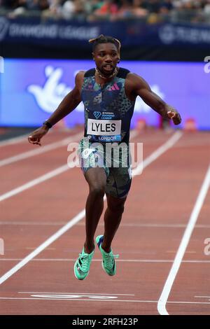 Noah LYLES degli Stati Uniti vince i mens 200 metri nella Wanda Diamond League, London Stadium, Queen Elizabeth Park - Londra, 23 luglio 2023 Foto Stock