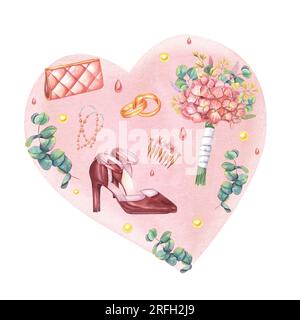 Accessori per matrimoni femminili disposti su sfondo rosa sotto forma di cuore. Pochette, anelli d'oro, spille di capelli perlati, orecchini, bouquet di spose Foto Stock