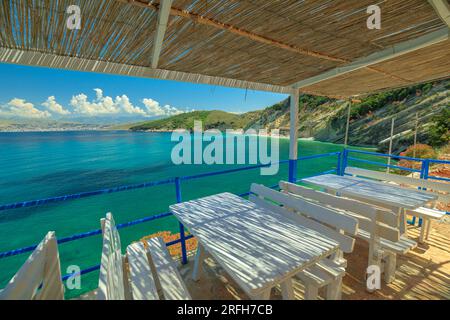 Vista dall'alto della spiaggia di Pulebardha, un gioiello nascosto vicino a Saranda in Albania. Piccola e tranquilla spiaggia vanta acque turchesi cristalline, una pittoresca Foto Stock