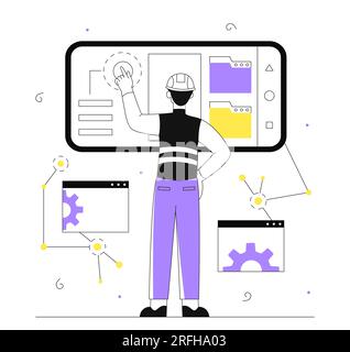 Ingegnere software con linea vettoriale per smartphone Illustrazione Vettoriale