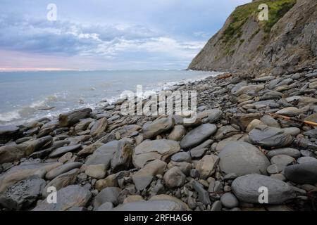 Alba su una spiaggia rocciosa vicino a Gisborne, East Coast, nuova Zelanda Foto Stock