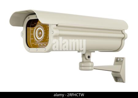 Telecamera di sorveglianza di sicurezza, colore bianco. Rendering 3D isolato su sfondo bianco Foto Stock