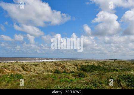 La spiaggia nord di Norfolk a Thornham con dune di sabbia e paludi salate in un giorno d'estate del 2023. Norfolk, Inghilterra, Regno Unito Foto Stock