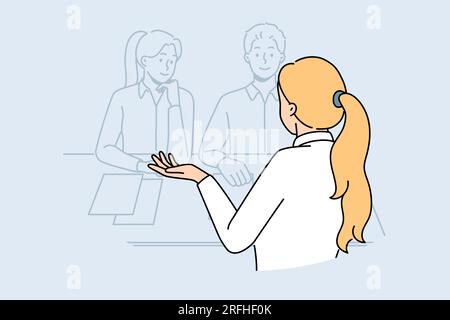 Donna in colloquio seduto al tavolo con due reclutatori, che vuole ottenere un nuovo lavoro con un salario elevato e un'assicurazione. La ragazza parla delle virtù agli specialisti delle risorse umane durante un colloquio professionale Illustrazione Vettoriale