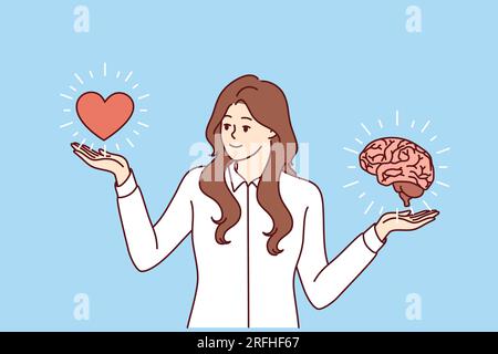 La donna mantiene l'equilibrio nella carriera e nella vita personale stando vicino al cuore con il cervello e cercando di vivere in armonia. La donna d'affari osserva l'equilibrio, sceglie tra romanticismo o carriera Illustrazione Vettoriale