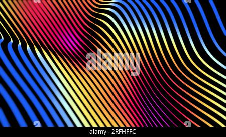 Sfondo digitale, onde a linee multicolore arcobaleno, bokeh. Visualizzazione del flusso di dati. DOF. Colori blu freddi. Stile 3D. Mappa altezza. Illustrazione Vettoriale
