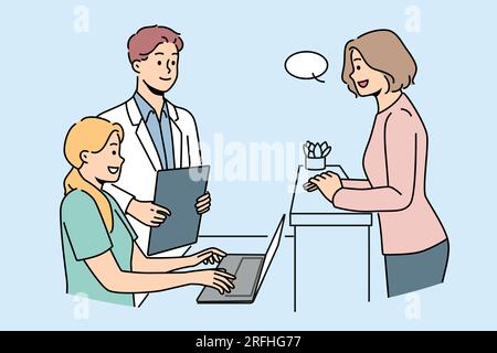 Una cliente donna della clinica si trova vicino alla reception e si consulta con il medico o sceglie un orario conveniente per il prossimo appuntamento. I dipendenti della clinica cosmetologica e dei potenziali pazienti sono nella hall Illustrazione Vettoriale
