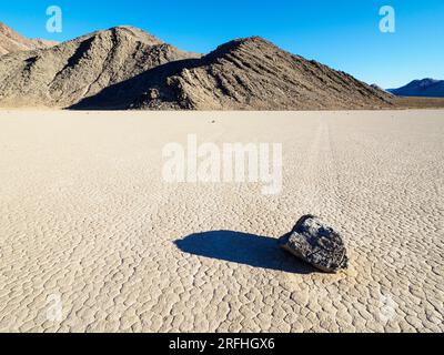 Una roccia in movimento all'ippodromo, una playa o un letto di lago prosciugato, nel Death Valley National Park, California, Stati Uniti. Foto Stock