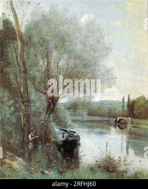 Il lettore sulla riva boscosa tra il 1865 e il 1870 di Jean-Baptiste Camille Corot Foto Stock