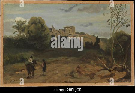 Vista di Genzano con un cavaliere e contadino dopo il 1843 da Jean-Baptiste Camille Corot Foto Stock